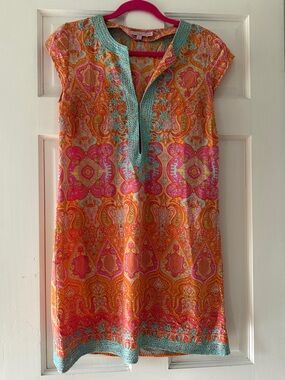 Calypso St. Barth Orange and Pink Paisley Tunic with Teal Trim